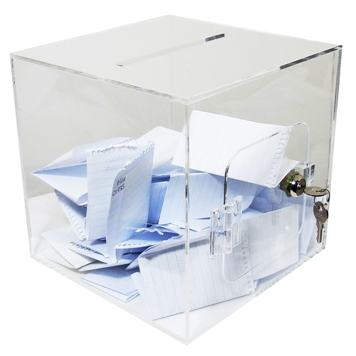 VT3: Suggestion boxes: acrylic cubes with slot and door